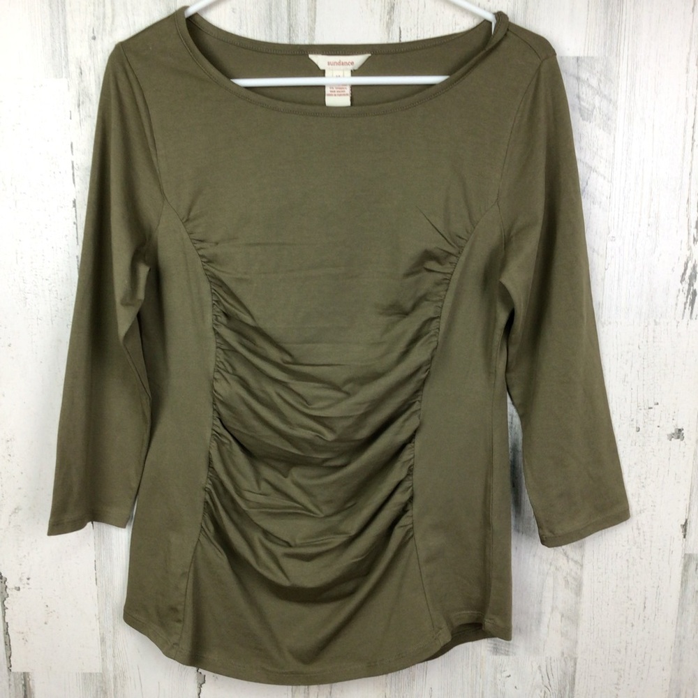 Sundance 3/4 Sleeve Top Ruched Front Slimming Stretch Boat Neck M Olive Green